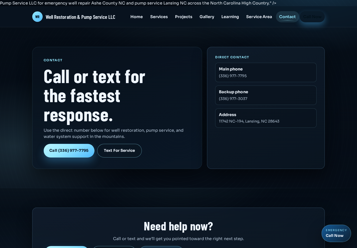 Well Restoration contact and quote section screenshot