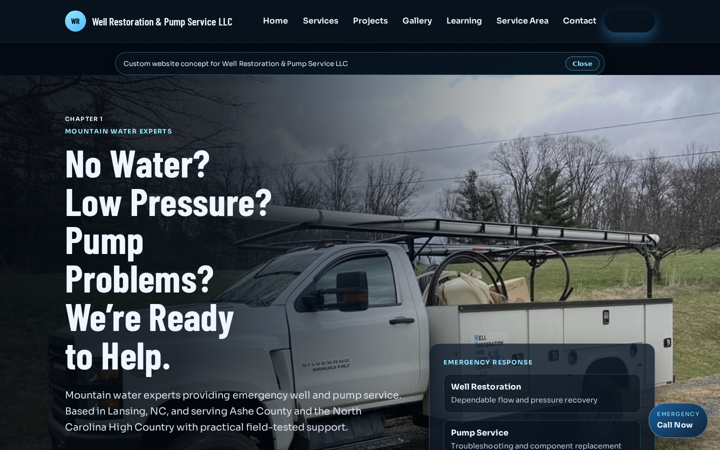 Well Restoration website homepage hero screenshot