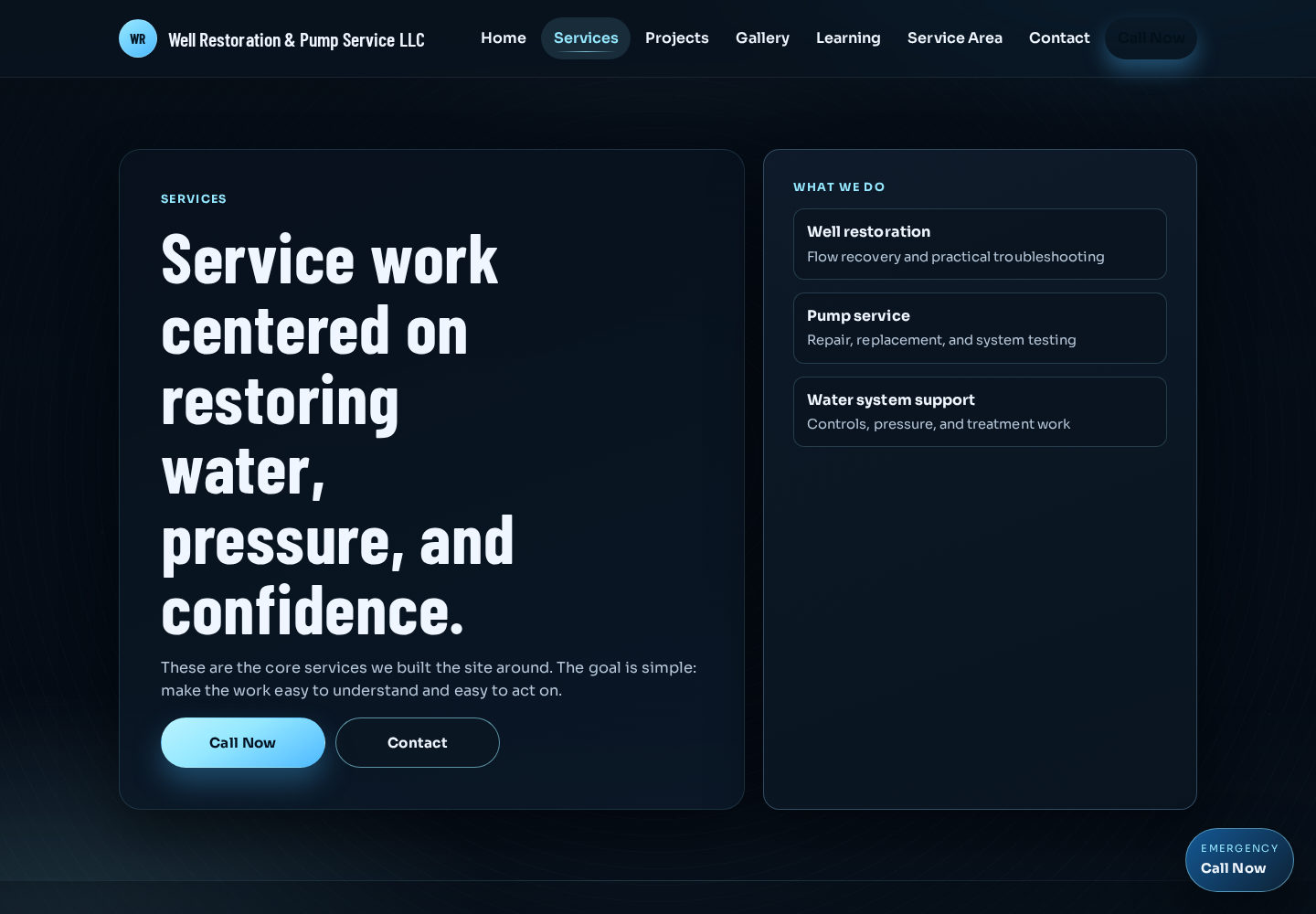 Well Restoration services section screenshot
